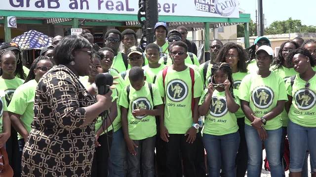 Hon. Hazel Brandy-Williams, Junior Minister in the Ministry of Youth on Nevis welcoming a group of visiting youths from the New Life Baptist Church in Tortola at the Charlestown Pier on July 03, 2017